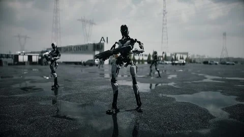 Robot carrying weapon,angry crowd protesting AI. data center, anti-AI concept. Video stock 336345864