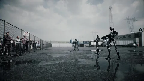 Robot carrying weapon,angry crowd protesting AI. data center, anti-AI concept. Video stock 336345865
