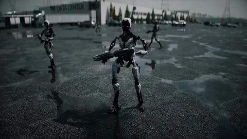 Robot carrying weapon,angry crowd protesting AI. data center, anti-AI concept. Video stock 336345866