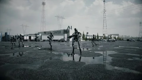 Robot carrying weapon,angry crowd protesting AI. data center, anti-AI concept. Video stock 336345867