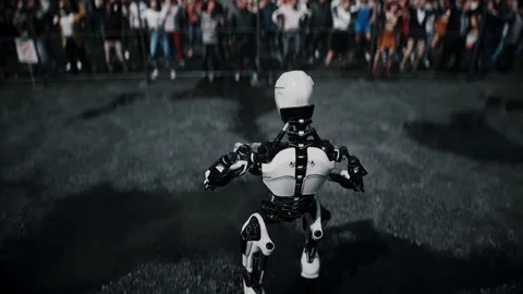Robot carrying weapon,angry crowd protesting AI. data center, anti-AI concept. Video stock 336345877