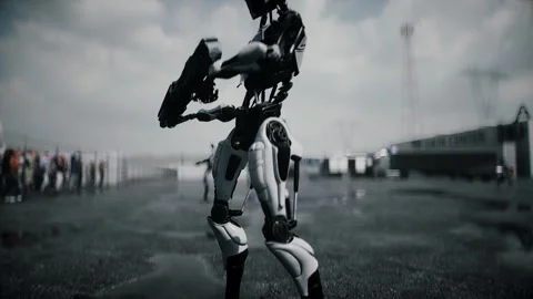 Robot carrying weapon,angry crowd protesting AI. data center, anti-AI concept. Video stock 336345878