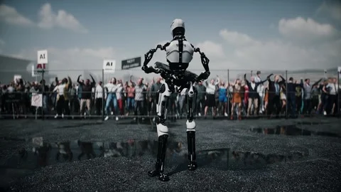 Robot carrying weapon,angry crowd protesting AI. data center, anti-AI concept. Video stock 336345880