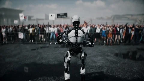 Robot carrying weapon,angry crowd protesting AI. data center, anti-AI concept. Video stock 336345881