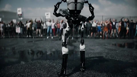 Robot carrying weapon,angry crowd protesting AI. data center, anti-AI concept. Video stock 336345887