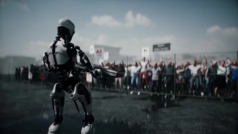 Robot carrying weapon,angry crowd protesting AI. data center, anti-AI concept. Video stock 336345896