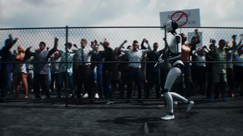 Robot carrying weapon,angry crowd protesting AI. data center, anti-AI concept. Video stock 336345903