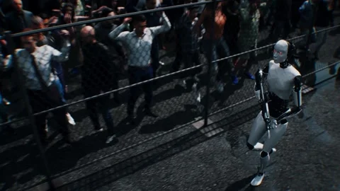 Robot carrying weapon,angry crowd protesting AI. data center, anti-AI concept. Video stock 336345904