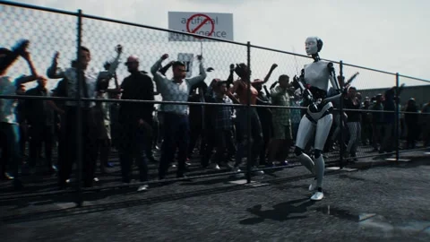 Robot carrying weapon,angry crowd protesting AI. data center, anti-AI concept. Stock Footage 336345905