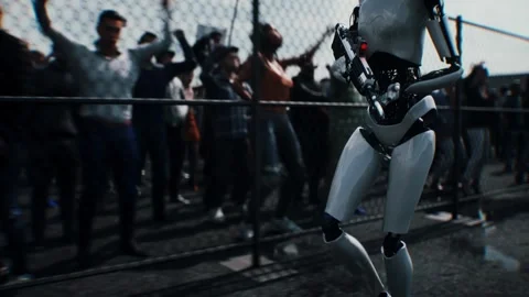 Robot carrying weapon,angry crowd protesting AI. data center, anti-AI concept. Video stock 336345906
