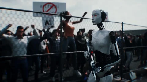 Robot carrying weapon,angry crowd protesting AI. data center, anti-AI concept. Stock Footage 336345914