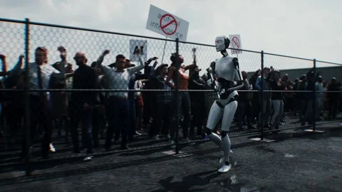 Robot carrying weapon,angry crowd protesting AI. data center, anti-AI concept. Stock Footage 336345917