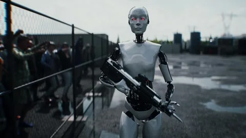 Robot carrying weapon,angry crowd protesting AI. data center, anti-AI concept. Stock Footage 336345918