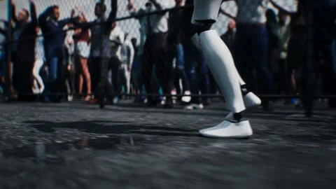 Robot carrying weapon,angry crowd protesting AI. data center, anti-AI concept. Stock Footage 336345919