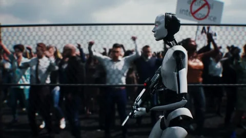 Robot carrying weapon,angry crowd protesting AI. data center, anti-AI concept. Video stock 336345920