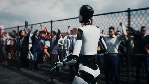 Robot carrying weapon,angry crowd protesting AI. data center, anti-AI concept. Stock Footage 336345928