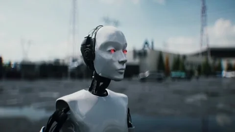 Robot carrying weapon,angry crowd protesting AI. data center, anti-AI concept. Stock Footage 336345931