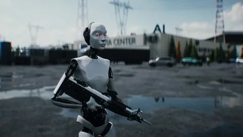 Robot carrying weapon,angry crowd protesting AI. data center, anti-AI concept. Stock Footage 336345933