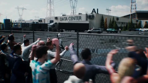 Robot carrying weapon,angry crowd protesting AI. data center, anti-AI concept. 動画素材 336345938