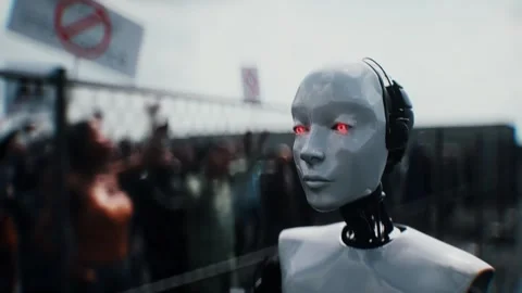 Robot carrying weapon,angry crowd protesting AI. data center, anti-AI concept. Stock Footage 336345940