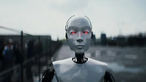 Robot carrying weapon,angry crowd protesting AI. data center, anti-AI concept. Stock Footage 336345941