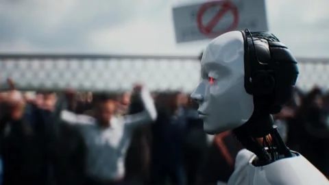 Robot carrying weapon,angry crowd protesting AI. data center, anti-AI concept. Stock Footage 336345943