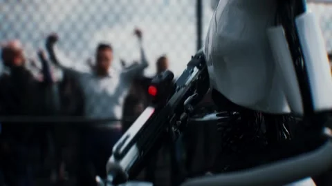 Robot carrying weapon,angry crowd protesting AI. data center, anti-AI concept. Stock Footage 336345944