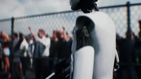 Robot carrying weapon,angry crowd protesting AI. data center, anti-AI concept. Stock Footage 336345946