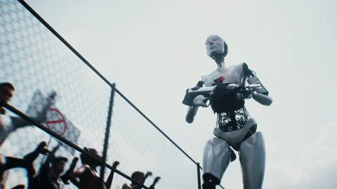Robot carrying weapon,angry crowd protesting AI. data center, anti-AI concept. Stock Footage 336345949