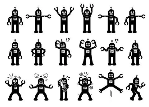 Robot Cartoon Characters in Various Poses, Actions, and Emotions.  Stock Illustration