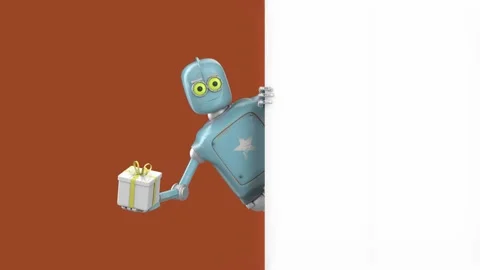 Robot Cartoon funny 3D video render - present gift, isolate on orange Stock Footage 234634203