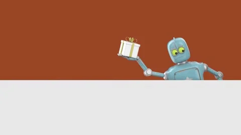 Robot Cartoon funny 3D video render - present gift, isolate on orange Stock Footage 234634209