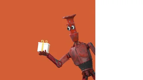 Robot Cartoon funny 3D video render - present gift, isolate on orange Stock Footage 240900182