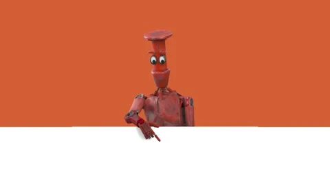 Robot Cartoon funny 3D video render - point the finger, isolate on orange Stock Footage 244865037