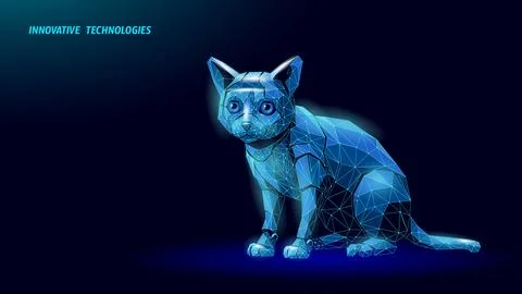 Robot cat low poly illustration. Polygonal feline artificial intelligence animal 库存插图