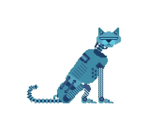 Robot cat pixel art. 8 bit Cyborg cat. pixelated Robotic iron pet. Vector ill Stock Illustration