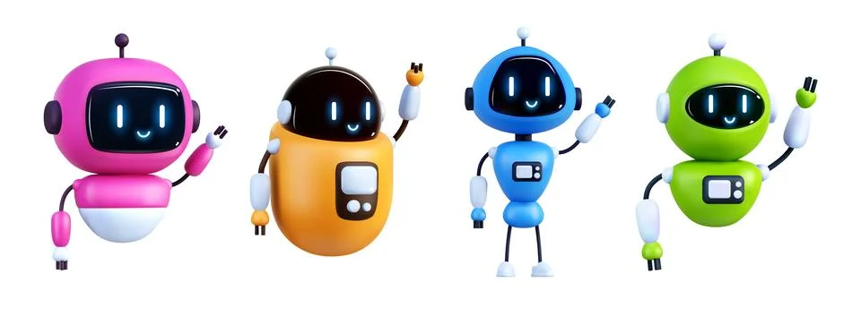 Robot character 3d render isolated elements. AI face, bot hand artificial Stock Illustration