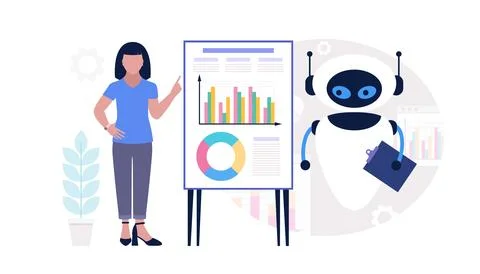Robot with character analyzing infographic Stock Illustration