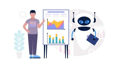 Robot with character analyzing infographic Stock Illustration