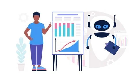 Robot with character analyzing infographic Stock Illustration