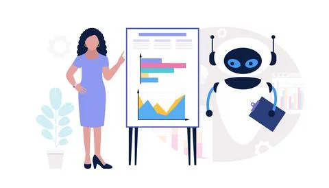 Robot with character analyzing infographic Stock Illustration