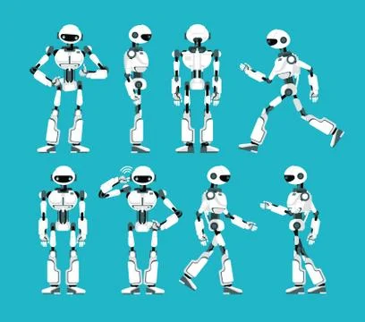 Robot character. Cartoon robotic mechanism, humanoid vector set 库存插图