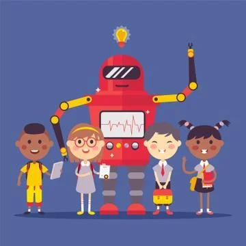 Robot character, child, automatic device, teaching children to develop robot 스톡 일러스트