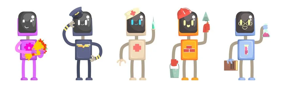 Robot Character of Different Profession with Tool Vector Set Ilustração Stock