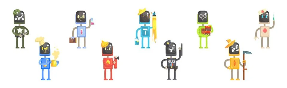 Robot Character of Different Profession with Tool Vector Set Ilustração Stock