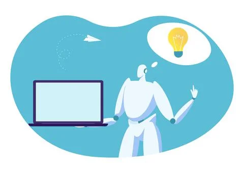 Robot character hold computer laptop and business creative idea light bulb Stockillustratie