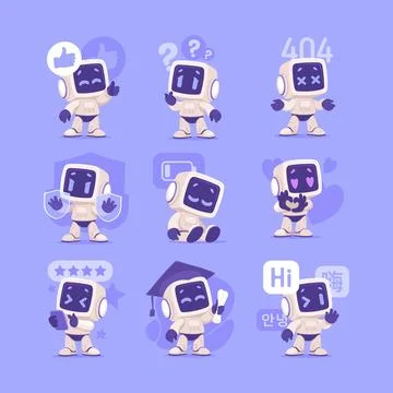 Robot Character as Smart Android Assistant Machine Vector Illustration Set Stock Illustration