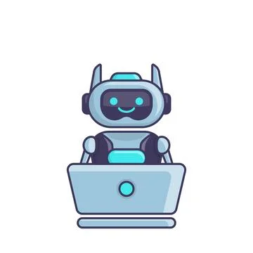 Robot character work with laptop vector illustration. Cute Cartoon Robot Il.. Stock Illustration