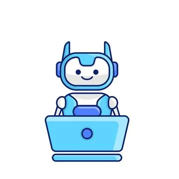 Robot character work with laptop vector illustration. Cute Cartoon Robot Il.. Stock Illustration