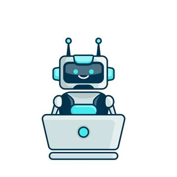 Robot character work with laptop vector illustration. Cute Cartoon Robot Il.. Stock Illustration
